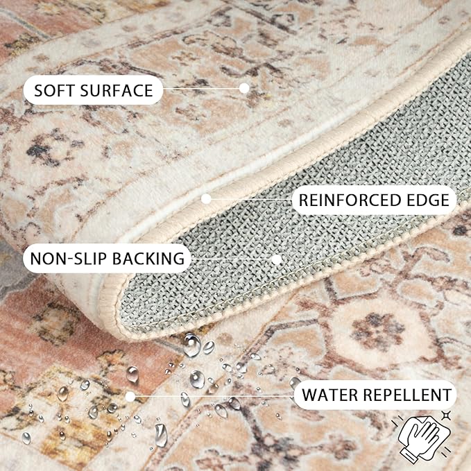 Washable 6ft Area Rugs, Rugs for Living Room, Low-Pile Water&Stain Resistant Carpet Vintage Distressed Printed Non-Slip Carpet for Bedroom Bathroom Kitchen-Orange