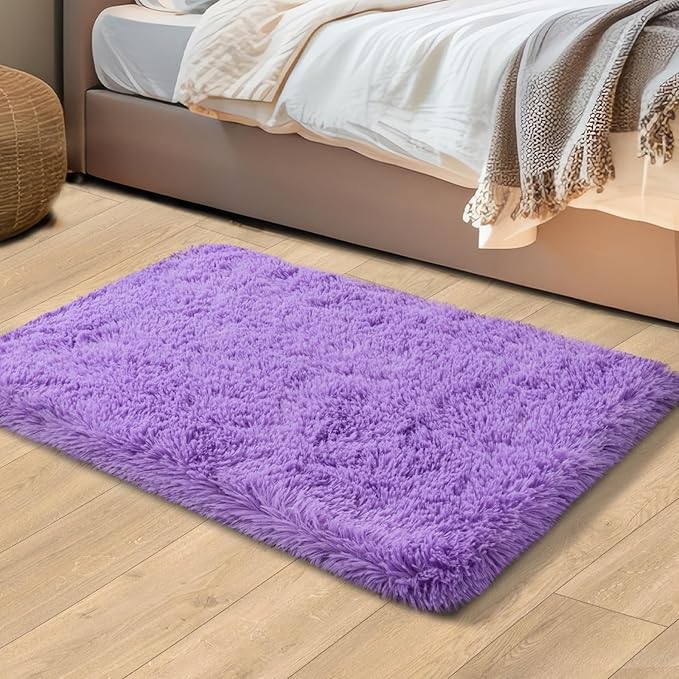 2x3 Rugs for Bedroom, Fluffy Area Rugs for Living Room, Soft Shag Kids Rug Small Carpet with 4 Non-Slip Rug Pads (Purple, 2ft x 3ft)