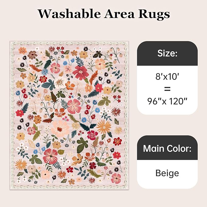 Beige Pink 8x10 Area Rugs for Living Room Boho Vintage Floral Washable Large Rug Low Pile Non Slip Stain Resistant Cottagecore Carpet Rug for Bedroom Dining Room Kids Playroom Dorm Spring Decor
