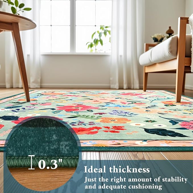 2.5x8 Floral Runner Rug, Flowers Printed Washable Rugs with Non Slip Backing for Girls Bedroom Kitchen Hallway,Cute Carpet Runners Home Aesthetic Decor, Light Green