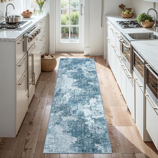 Runner Rug 2'6''x8' Washable Runner Rug: Machine Washable Kitchen Area Rug with Anti-Slip Backing Non-Shedding Stain-Resistant Long Soft Carpet Runner for Hallway, Bedroom, Laundry Room-Blue