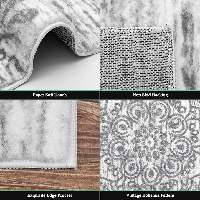 HEBE Hallway Runner Rug 2'x8' Washable Vintage Distressed Area Rugs Non Slip Laundry Rug Runner Boho Floor Carpet Runners for Hallways Entryway Laundry Room Kitchen Bathroom,Grey