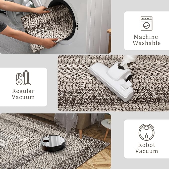 Imitation Braided Collection-Print Long Hallway Runners 2x10 Washable Area Rug, Farmhouse Rustic Bordered Area Rug Non Slip Soft Low Pile Indoor Carpet Runners for Entryways, Laundry Room