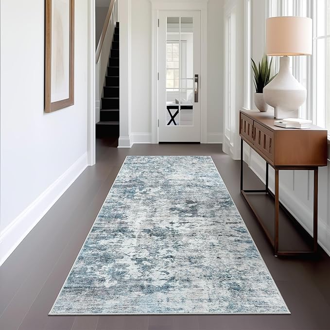 Washable Runner Rug, 2'6" x 8' Non-Slip Kitchen Vintage Foldable Hallway Runners for Entryway, Laundry, Bedroom, Blue
