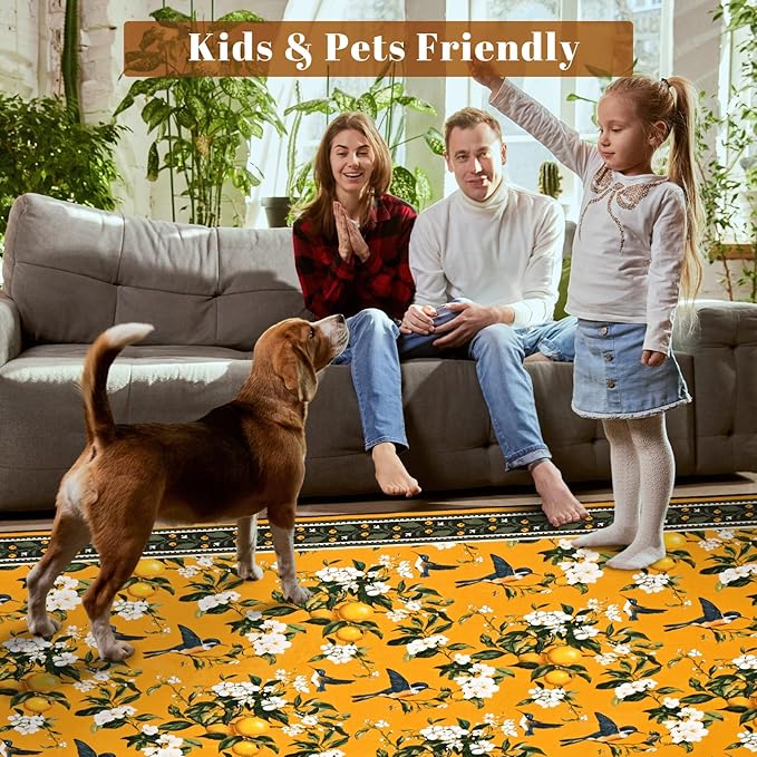 ASPMIZ Yellow Floral Area Rug, Lemon Hummingbird 3x5 Rug Washable Non Slip, Vintage Rugs for Living Room, Foldable Low Pile Soft Throw Rug Carpet for Bedroom Kitchen Dining Room Nursery Office