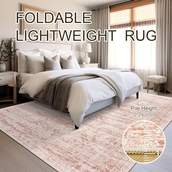 Washable Area Rug 8x10, Large Soft Rugs for Living Room Vintage Area Rugs for Bedroom Dining Room Non-Slip Stain Resistant Pink Rug Under Table Rug