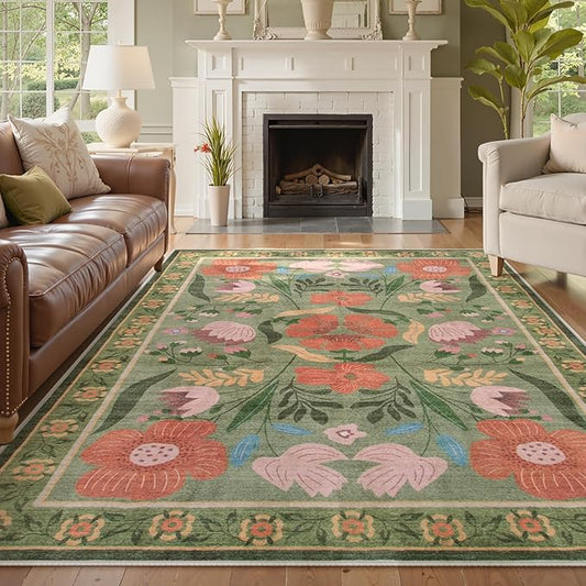 Beeiva Floral 6x9 Area Rugs for Living Room, Machine Washable Green Area Rugs with Low Plie, Soft Ultra Thin Rug Carpet for Bedroom Office Dorm Dining Room Nursery (Green,6'x9')