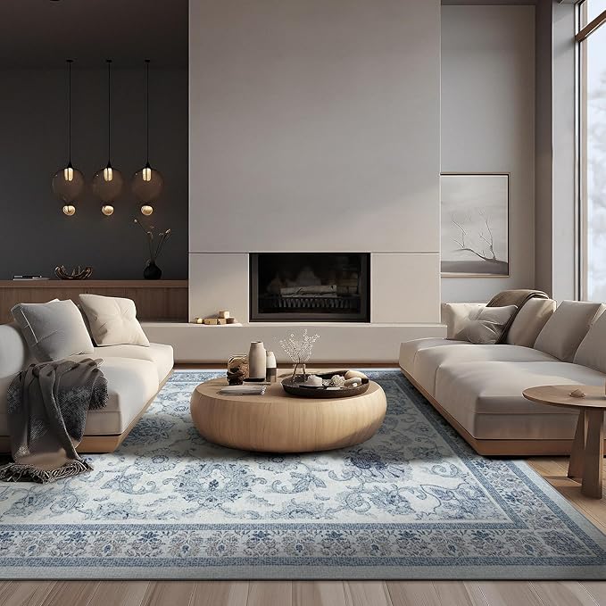 Phantoscope Vintage Collection Area Rug 5'x7' - Washable Rug Boho Rugs Non-Slip for Living Room, Bedroom, Dining Room, Dorm, Indoor Low-Pile Carpet Distressed Accent Rug, Blue/White