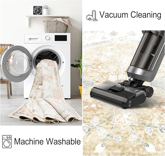 2x8 Rug, Washable Vintage Boho Carpet, Non Slip Low Pile Water Repellent Soft Print Pattern Indoor Rug for Living Room & Bedroom, Cream Yellow