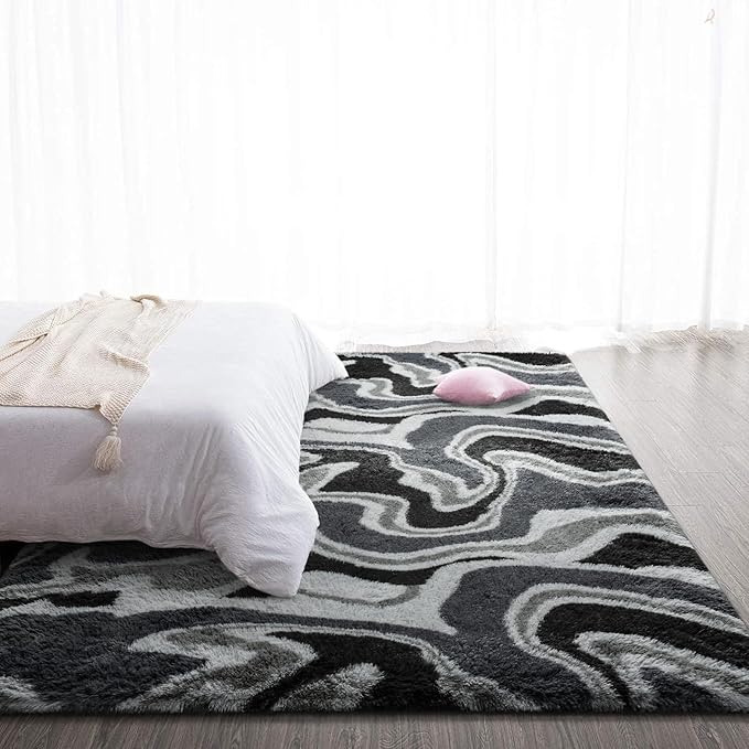 TWINNIS Super Soft Shaggy Rugs Fluffy Carpets, 5x8 Feet, Indoor Modern Plush Area Rugs for Living Room Bedroom Kids Room Nursery Home Decor, Upgrade Anti-Skid Rectangular Fuzzy Rug, Grey Black