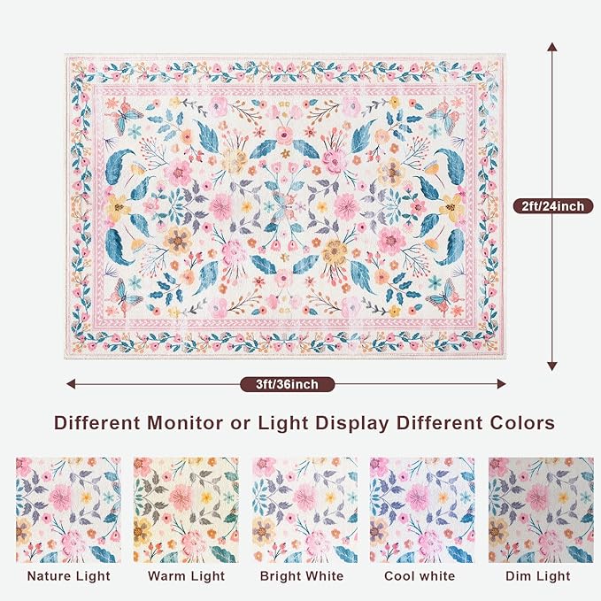 Terrug 2x3 Pink Floral Area Rug for Entryway,Boho Machine Washable Throw Rugs with Non-Slip Blacking for Kitchen,Small Flower Carpet for Bedroom Front Door Laundry Floor Decor