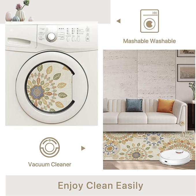 Bavni Kitchen Runner, Washable 2x12 Rugs Non Slip, Floral Thin Runners, Stain Resistant Carpet Runner for Bathroom, Bedroom, Hallway, Beige Brown