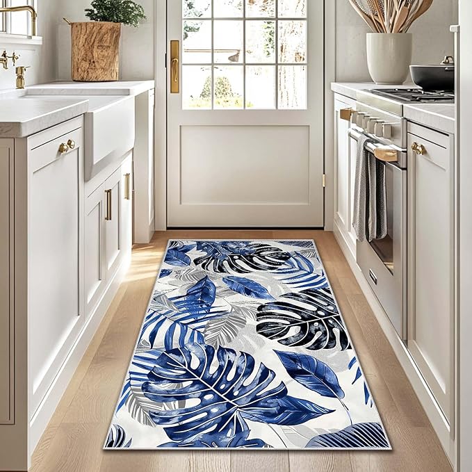 3x5 Entryway Rug Botanical Tropical Leaf Navy Blue Grey Area Rug Bedroom Bedside Thin Small Carpet Bathroom Non Slip Indoor Entrance Low Pile Door Mat Kitchen Stain Resistant Washable Machine