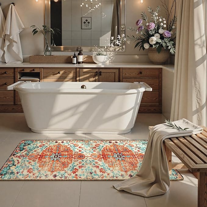 Lahome Bohemian Floral Medallion Rug - 2x5 Laundry Room Mat, Bathroom Runner, Kitchen Mat, Soft Washable Non-Slip Low-Pile Indoor Carpet Decor