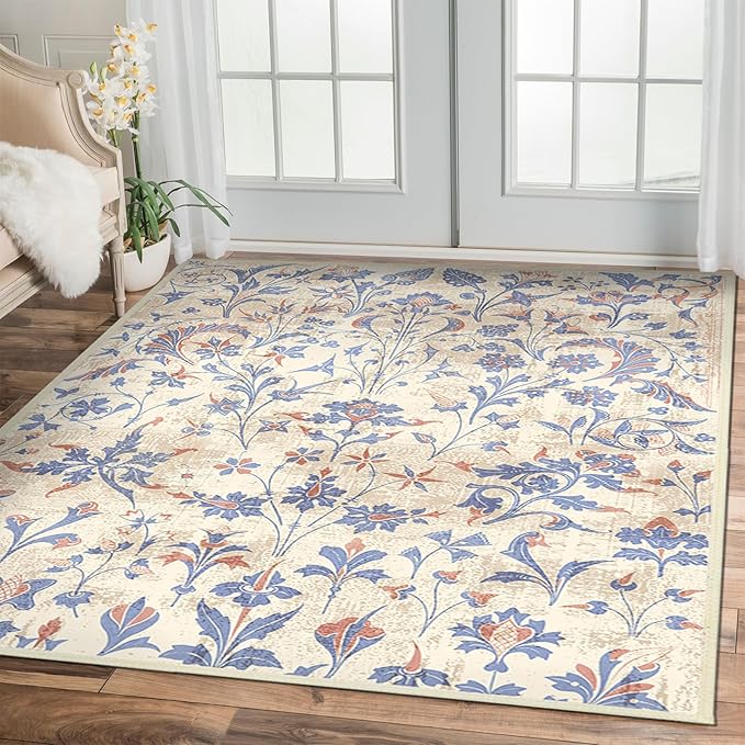 Washable Area Rugs 5'x7' Living Room, Non Slip Floral Vintage Low Pile Large Rugs for Living Room Stain Resistant for TribalBedroom, Farmhouse, Dining Room, Kids Playroom
