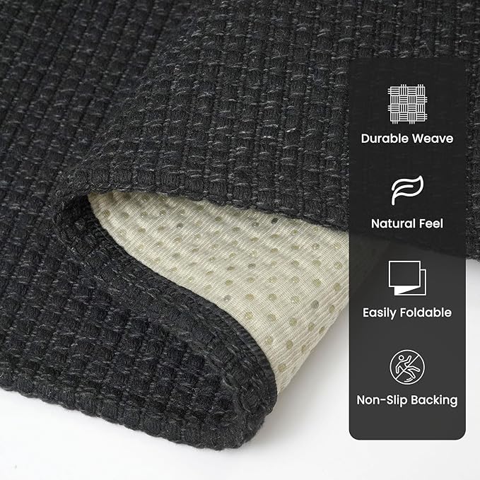 Braided Runner Rug 3x8 Ft Washable Runners for Hallways Non Slip Rubber Backed Kitchen Runners Cotton Entryway Runner Indoor, Woven Floor Carpet for Hall Kitchen Bedroom, Black/Grey