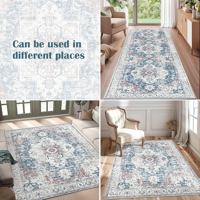 jinchan Runner Rug 2x7 Hallway Rug Kitchen Washable Runner Vintage Mat Retro Lightweight Non-Slip Floor Cover Distressed Thin Carpet for Entryway Bathroom Bedroom Laundry Room Stairway Navy Blue