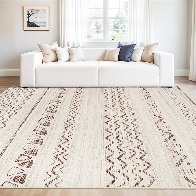 9x12 Area Rugs Living Room, Large Washable Rug for Bedroom Ultra Thin Moroccan Rug with Non Slip Rubber Backing Stain Resistant Soft Low Pile Indoor Carpet Dining Room Waterproof - 9x12 Beige/Brown
