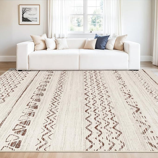 9x12 Area Rugs Living Room, Large Washable Rug for Bedroom Ultra Thin Moroccan Rug with Non Slip Rubber Backing Stain Resistant Soft Low Pile Indoor Carpet Dining Room Waterproof - 9x12 Beige/Brown