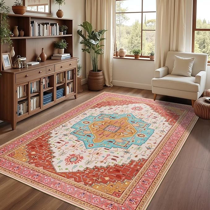 3x5 Orange Pink Area Rug for Living Room, Machine Washable Rugs with Non-Slip Backing for Bedroom, Vintage Medallion Carpet Kitchen Laundry Kids Room Decor