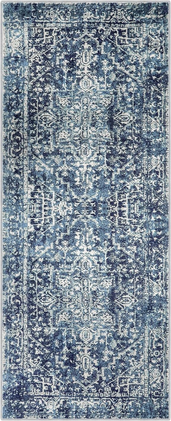 Morebes Washable 2x5 Bathroom Runner Rug, Vintage Medallion Runner Rug for Kitchen, Soft Low Pile Non Slip Indoor Floor Throw Carpet for Entryway Bedroom Hallways, Deep Blue
