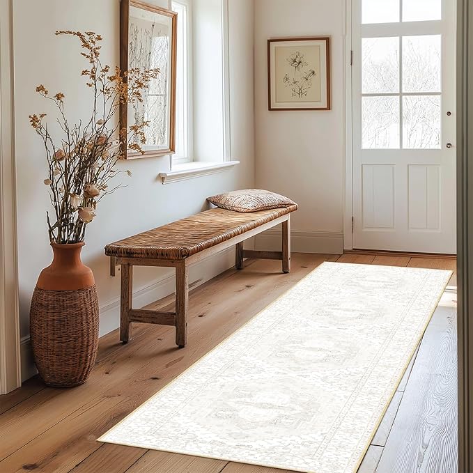 Washable 2x10 Area Rugs, Rugs for Living Room, Low-Pile Water&Stain Resistant Carpet Vintage Distressed Printed Non-Slip Carpet for Bedroom Bathroom Kitchen-Cream White
