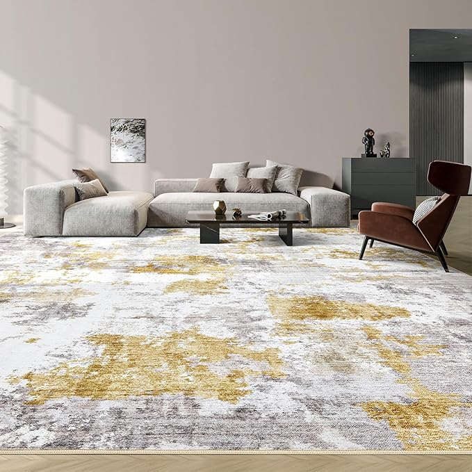 Washable Rug 9x12 Area Rugs for Living Room: Modern Abstract Neutral Soft Large Rug Bedroom Dining Room Under Kitchen Table Home Office Decor - Grey Gold