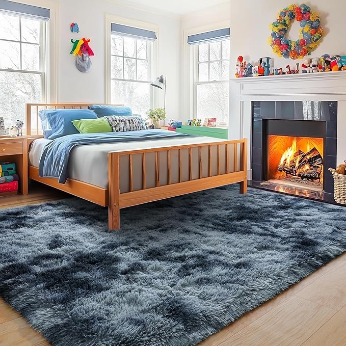 Large Area Rugs for Bedroom, 5x7 Feet Tie-Dyed Blue Grey Shaggy Fluffy Throw Carpets, Ultra Soft Plush Modern Indoor Fuzzy Rugs for Living Room Kids Room Nursery Dorm Home Decor