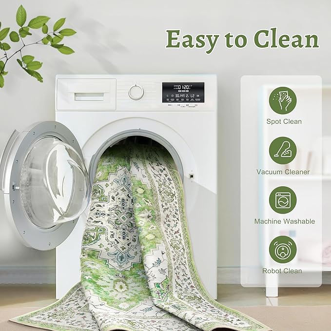2.6x8 Washable Runner Rug for Hallways, Non Slip Vintage Runner Rug, Soft Low Pile Long, Print Distressed Green Carpet Runners for Kitchen Bedroom Entryway Bathroom Living Room