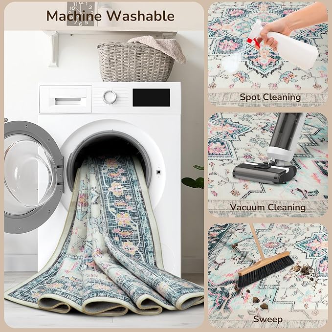 BESTSWEETIE 2x3 Area Rugs for Living Room, Washable Ultra Soft Boho Vintage Print Pattern Rug Non Slip Low Pile Carpet for Dining Room Bedroom Entryway Indoor-Multi/Blue/Beige/Pink
