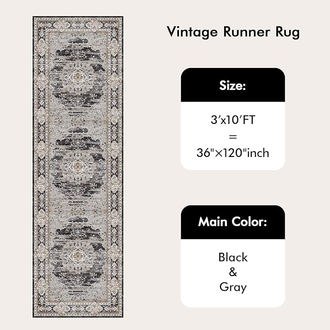 3x10 Runner Rug for Hallway Washable: Non Slip Kitchen Rugs with Rubber Backing Soft Waterproof Mats Stain Resistant Indoor Vintage Carpet Runner for Bedroom Bathroom Laundry Entryway Black/Gray
