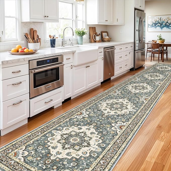 Washable Oriental Hallway Runner Rug - 3x16 Rugs for Living Room Soft Carpet for Bedroom Kitchen Waterproof Floral Distressed Indoor Stain Resistant Non-Shedding Floor Carpets (Blue, 3X16)
