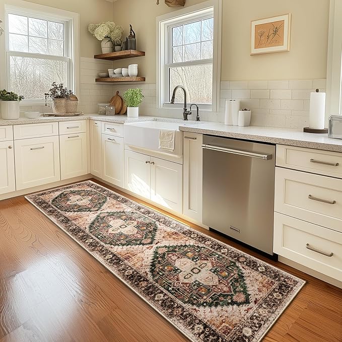Washable 2x8 Area Rugs, Rugs for Living Room, Low-Pile Water&Stain Resistant Carpet Vintage Distressed Printed Non-Slip Carpet for Bedroom Bathroom Kitchen-Green