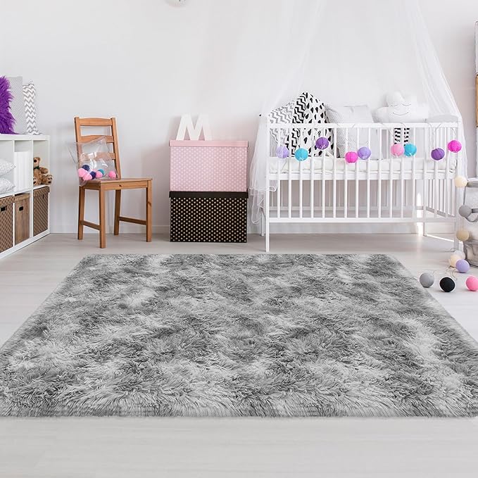 4x6 Ft Light Grey Large Area Rugs for Bedroom,Fluffy Furry Rug Floor Carpets Shaggy Playing Mat for Kids Baby Girls Room Nursery Home Decor Tie Dyed Gray Thick Rugs Fuzzy Home Decor