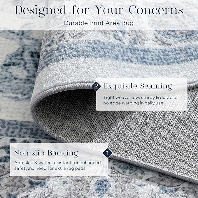 Phantoscope Vintage Collection Area Rug 5'x7' - Washable Rug Boho Rugs Non-Slip for Living Room, Bedroom, Dining Room, Dorm, Indoor Low-Pile Carpet Distressed Accent Rug, Blue/White