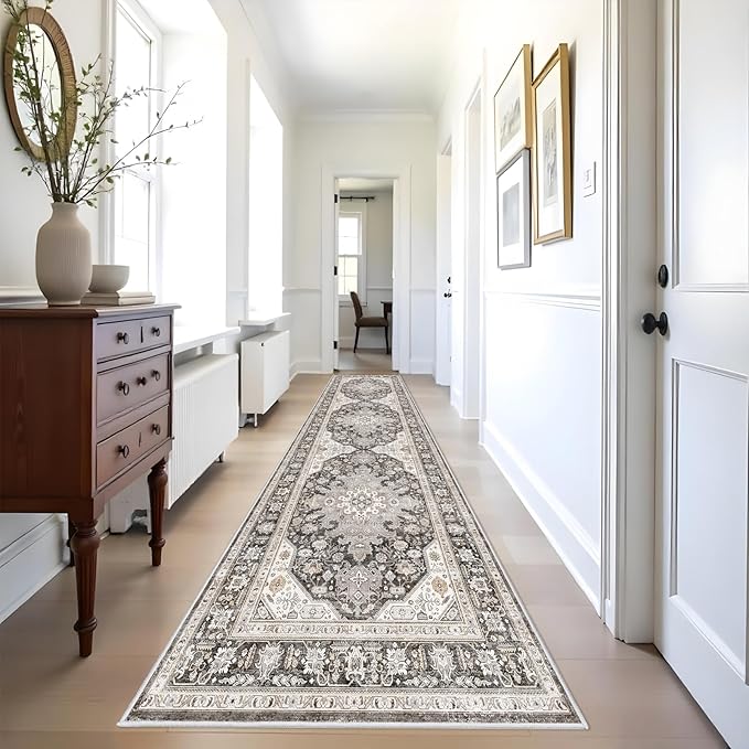 Runner Rug 3x10 - Non Slip Runners for Hallway Washable Oreiental Neutral Entryway Rugs with Rubber Backing Long Indoor Farmhouse Floor Mat Kitchen Soft Low Pile Stain Resitant Thin Carpet 3x10 Grey