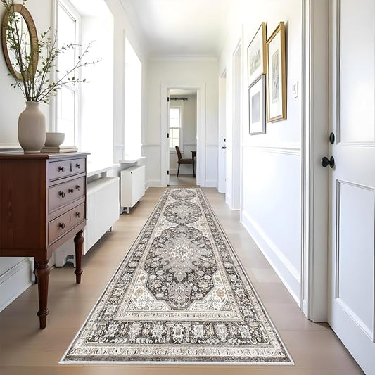 Runner Rug 3x10 - Non Slip Runners for Hallway Washable Oreiental Neutral Entryway Rugs with Rubber Backing Long Indoor Farmhouse Floor Mat Kitchen Soft Low Pile Stain Resitant Thin Carpet 3x10 Grey