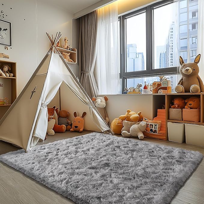 Zentavio Grey and White Area Rugs for Living Room Large Men Room Carpet 6x9 Bedroom Fluffy Furry Shag Aesthetic Plush High Pile Floor Rug for Kids Room Dorm Home Decor Tie-Dyed Grey White