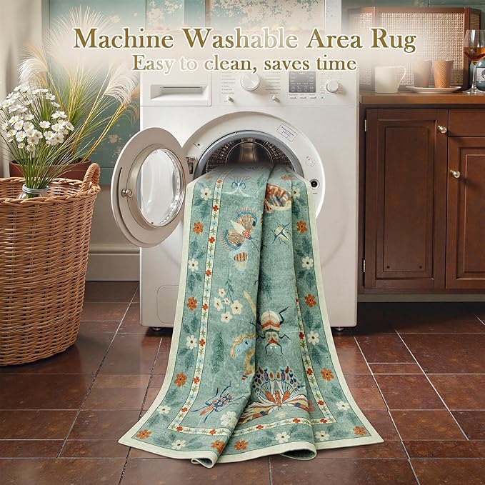Beeiva Insect Print Rug 8x10, Non Slip Washable Living Room Area Rugs, Soft Low Pile Ultra Thin Dining Room Rug Stain Resistant Large Carpet for Office, Bedroom, Kids Room, Playroom - Light Green