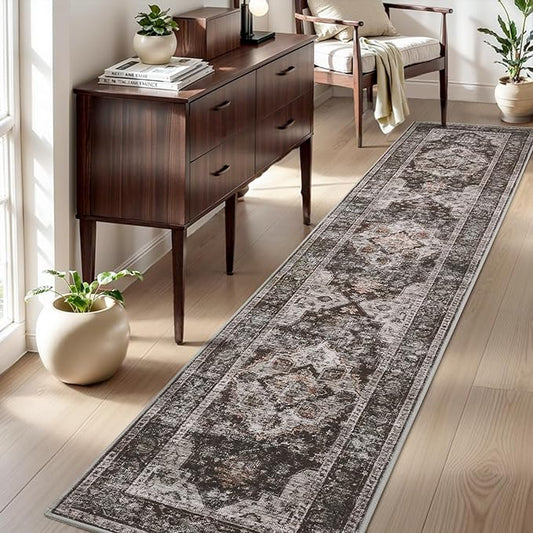 AMOAMI-2X10 Runner Rug-Washable Runners for Hallways-Soft Non Slip Bedside Rugs for Bedroom-Vintage Long Rug for Hallways Entryway Laundry Room Stair Kitchen Bathroom Brick/Brown