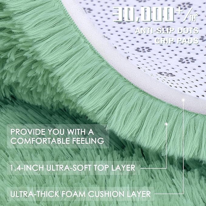 OLANLY Mint Green Round Rugs for Bedroom - Machine Washable, 4x4 Feet Circle Area Rugs for Living Room, Soft and Fluffy Shaggy Carpet for Teen Girl and Boys, Dorms, Nursery Rooms, Home Decor Aesthetic