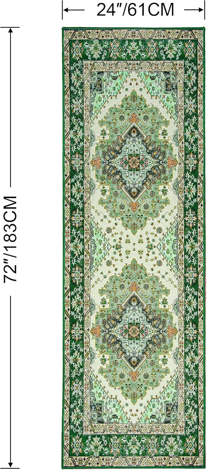 Noahas Green Hallway Runner Rug 2x6,Vintage Machine Washable Kitchen Runner Area Rugs with Rubber Backing Non Slip Print Carpet for Hallways,Entryway,Laundry Room,Bathroom,Home Decor