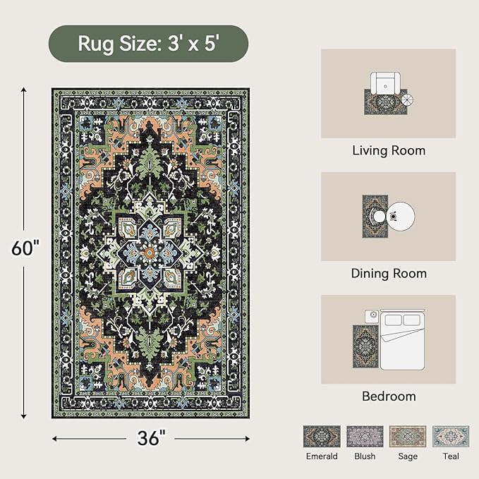 3x5 Area Rug, Vintage Floral Rug for Living Room, Small Area Rugs for Bedroom, Non-Slip Washable Rug, Traditional Persian Boho Style, Fluffy Low-Pile Soft Carpet, Dark Green