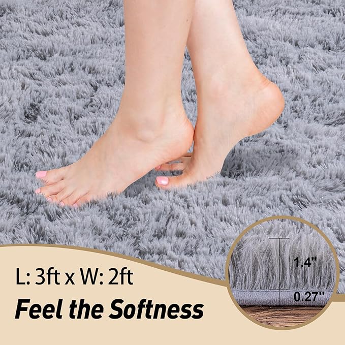 2x3 Rugs for Bedroom, Fluffy Area Rugs for Living Room, Soft Shag Kids Rug Small Carpet with 4 Non-Slip Rug Pads (Light Grey, 2ft x 3ft)
