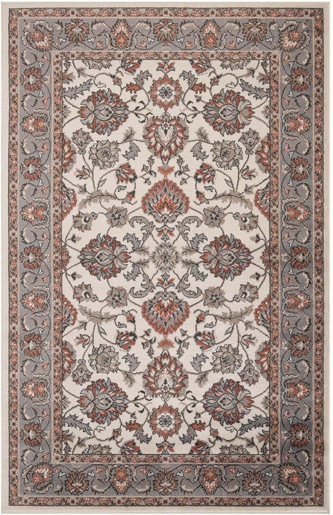 Superior Indoor Area Rug, with Jute Backing, Chic Bordered Floor Decor for Living Room, Bedroom, Office, Entryway, Kitchen, Dining, Floral Design, Lille Collection, 5' x 8', Salmon