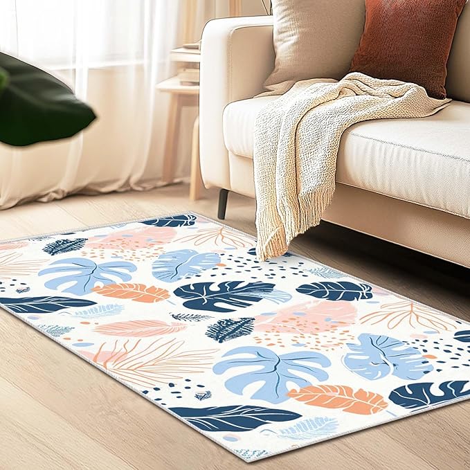 3x5 Entryway Rug Boho Botanical Tropical Leaf White Area Rug Bedroom Bedside Ultra-Thin Soft Small Carpet Bathroom Non Slip Indoor Entrance Low Pile Door Mat Kitchen Stain Resistant Washable Machine