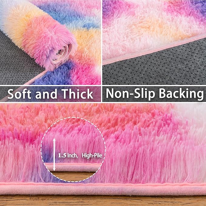 Large Area Rugs 9x12 Living Room, Plush Thick Carpets for Boy and Girls Room, Modern Soft Shag Rug for Bedroom, Non Slip, Indoor Carpet for Nursery Dorms Home Decor Aesthetic, Rainbow