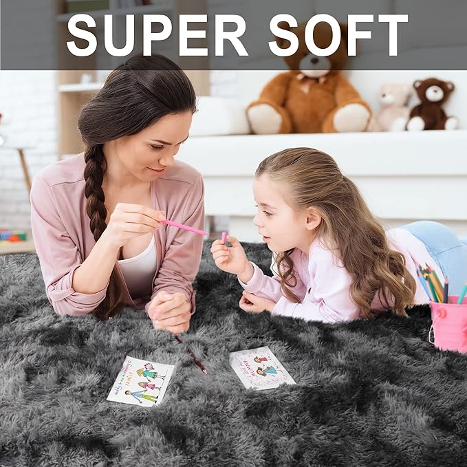 RUGTUDER 5x8 Fluffy Tie-Dyed Dark Grey Rug, Bedside Preppy Dorm Area Rug for Kids Room, Non-Slip Shaggy Design Rugs for Boys Living Room, Baby Nursery, Indoor Modern Plush Home Decor Aesthetic