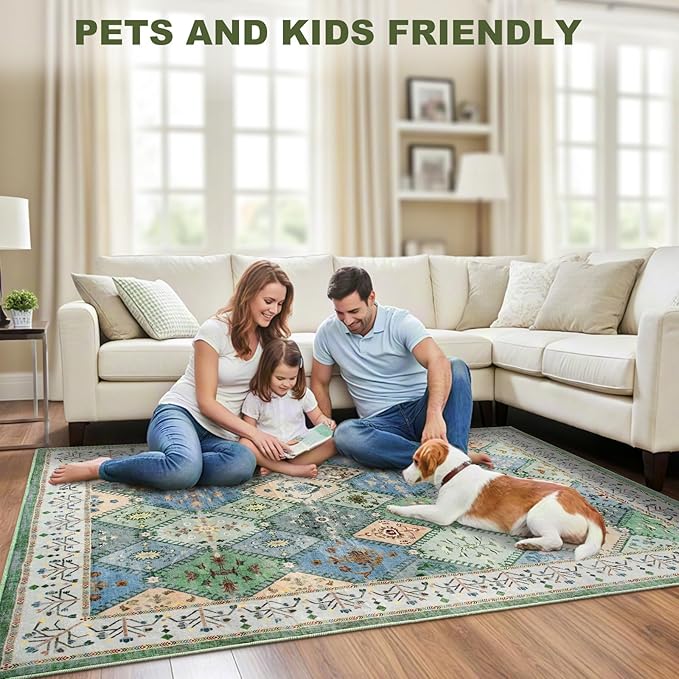 4x6 Washable Area Rug for Bedroom, Green Boho Non-Slip Living Room Rugs, Moroccan Floral Trellis Carpet Soft Low Pile Accent Indoor Mat for Bedside Kitchen Laundry Room
