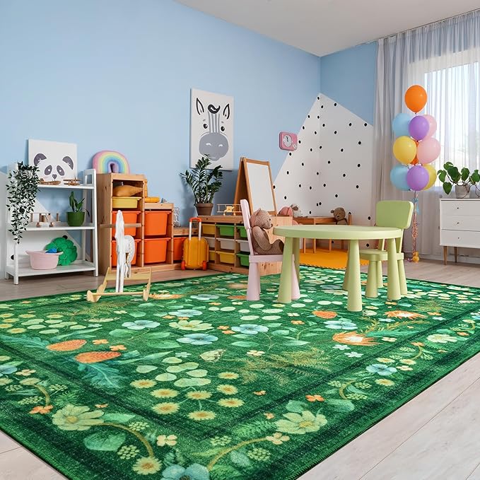 Area Rugs for Living Room, 6x9 Washable Non-Slip Rug for Bedroom, Vintage Floral Carpet for Home Office Nursery Dining Room Kitchen, Green